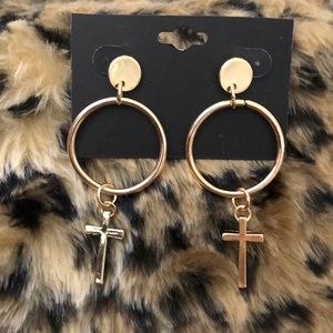 Gold Cross Hoop Dangle Earrings